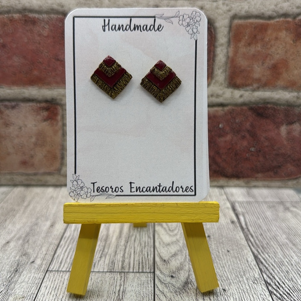 Handmade Geometric Earrings - Red and Gold